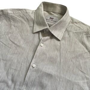 Vtg 90s Hickey Freeman Linen Cotton Dress Shirt Men 16 Grey Stripe Relaxed Fit